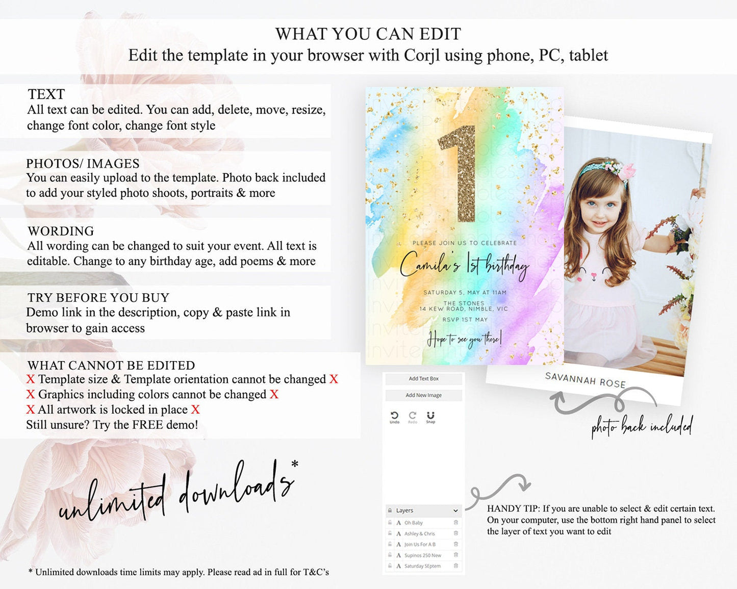 Rainbow Birthday Invitation Colorful Pastel Watercolor Invitation Gold Glitter Sprinkles Ombre Pastel 1st 2nd 3rd Birthday D10425