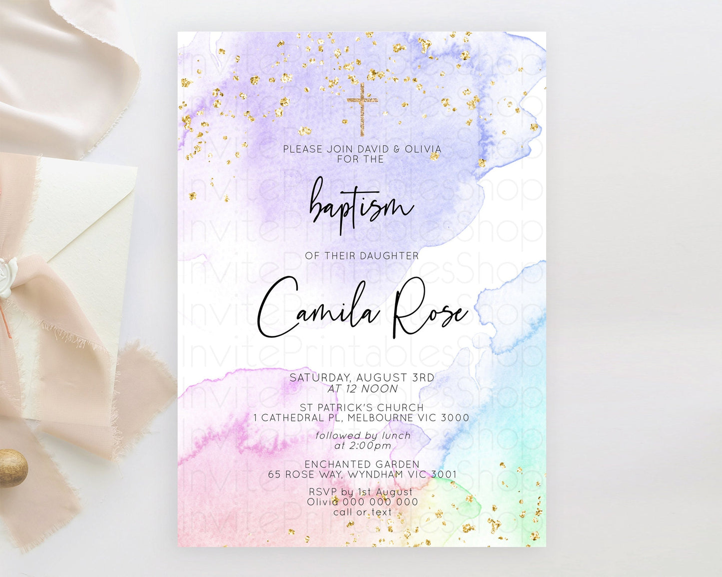 Pastel Baptism Invitation Pastel Colors Watercolor Baptism 1st Birthday Party Gold Ombre Pastel Rainbow Christening Holy Communion D10215