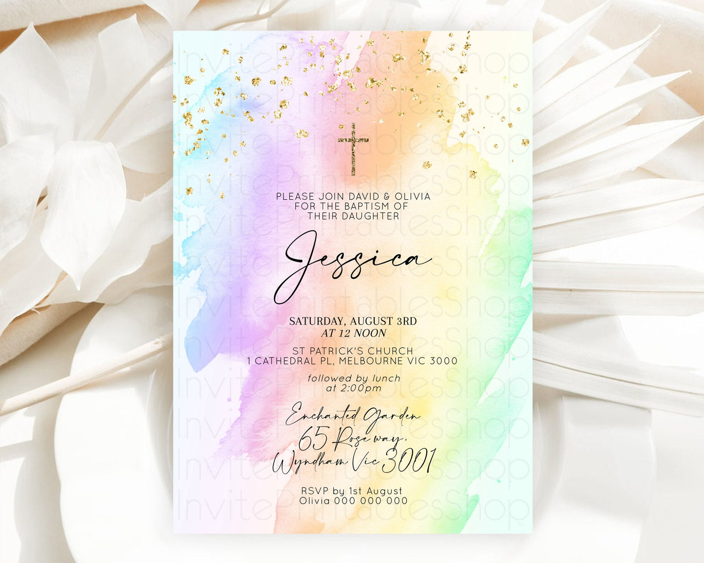 Pastel Baptism Invitation Pastel Colors Watercolor Baptism 1st Birthday Party Gold Ombre Pastel Rainbow Christening Holy Communion D10645