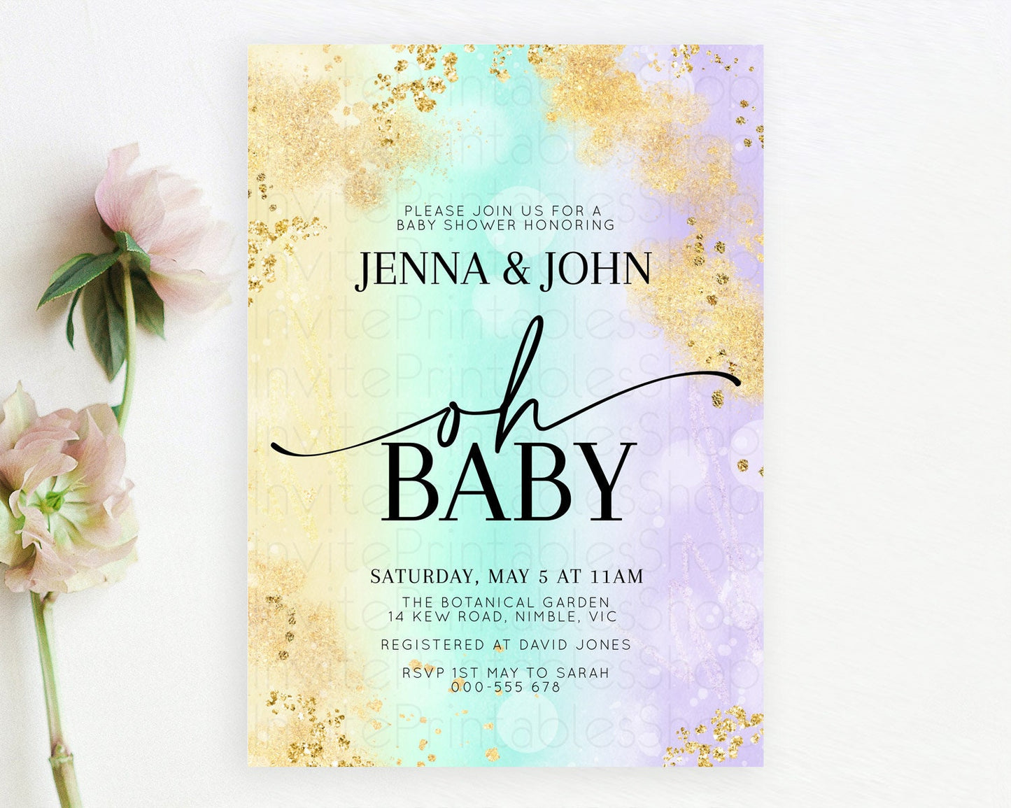 Pastel Baby Shower Invitation Rainbow Baby Shower Invitation Colorful Pastel Watercolor Invitation Gold Glitter Sprinkles Ombre D10672