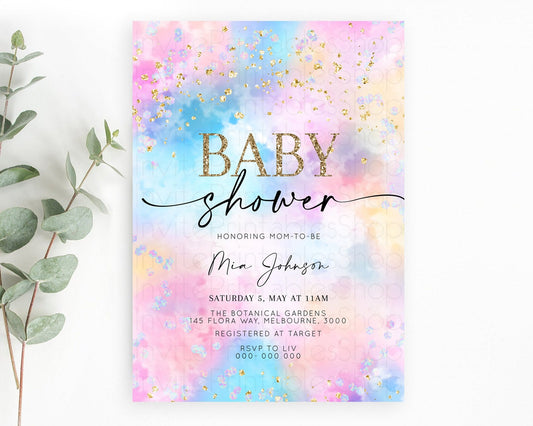 Pastel Baby Shower Invitation Rainbow Baby Shower Invitation Colorful Pastel Watercolor Invitation Gold Glitter Sprinkles Ombre D10607