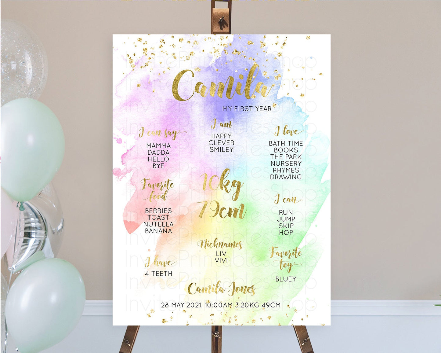 Pastel First Birthday Milestone Board Pastel Rainbow Milestone Poster Colorful Confetti Watercolor Glitter 1st Birthday Welcome Sign D10876