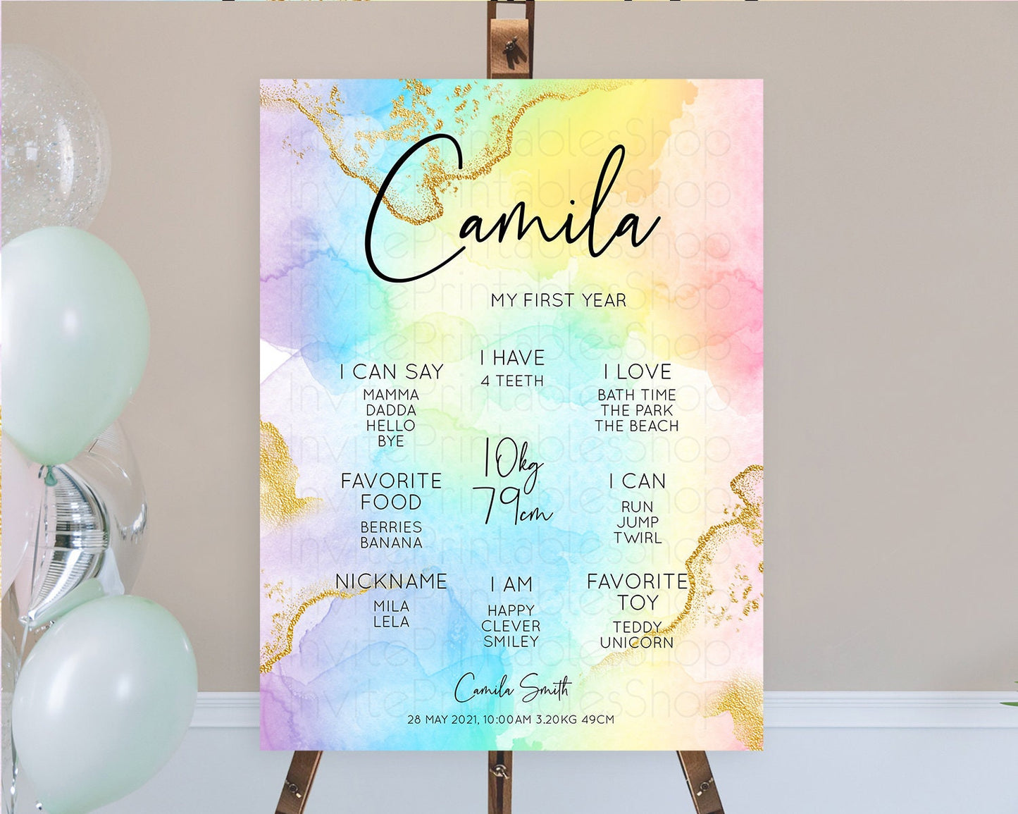 Pastel First Birthday Milestone Board Pastel Rainbow Milestone Poster Colorful Confetti Watercolor Glitter 1st Birthday Welcome Sign D10588