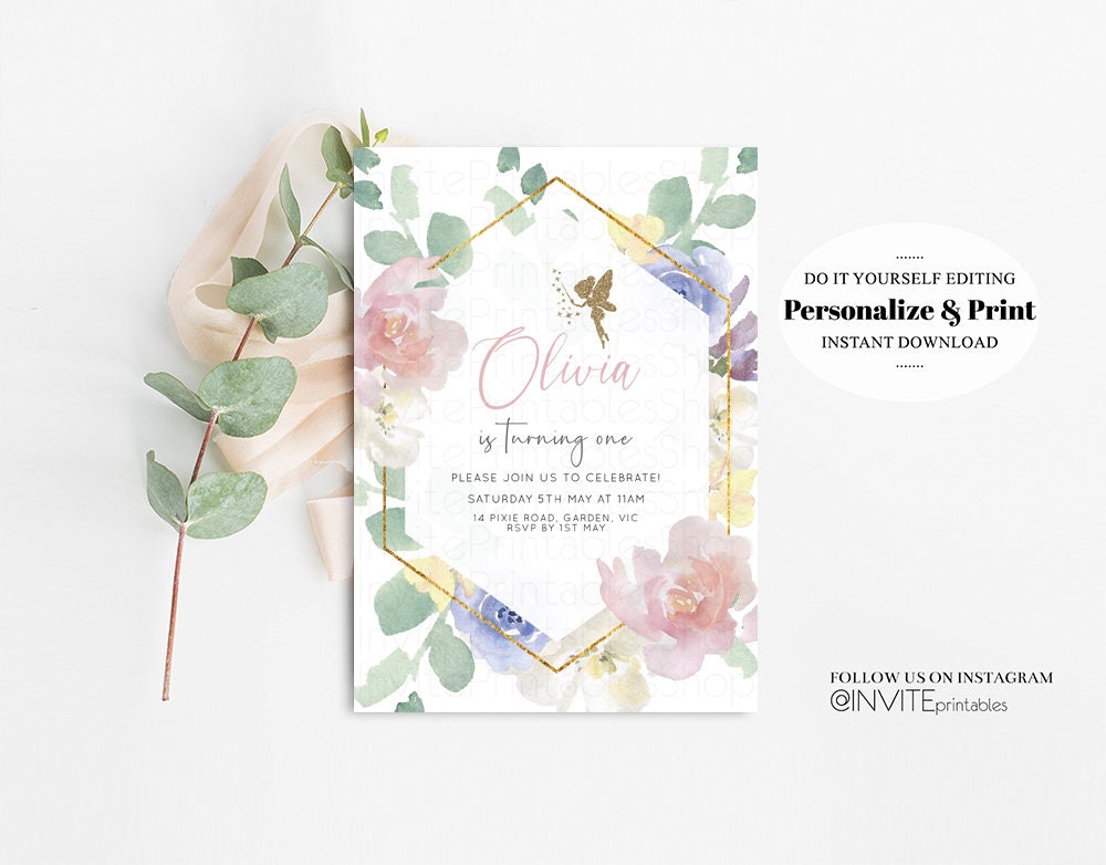 Fairy Birthday Invitation Enchanted Garden Fairytale Watercolor Glitter Floral Pastel Pink Blue Yellow Flowers Template