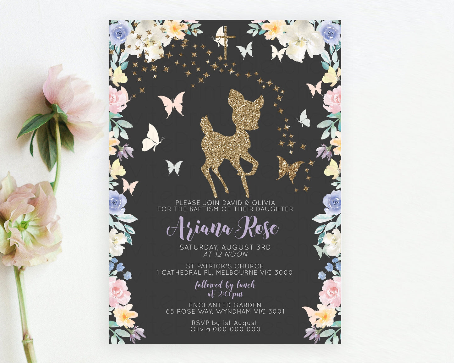 Fawn Baptism Invitation Deer Baptism 1st Birthday Invitation Enchanted Forest Christening Invitation Pastel Garden Butterfly Floral D10880