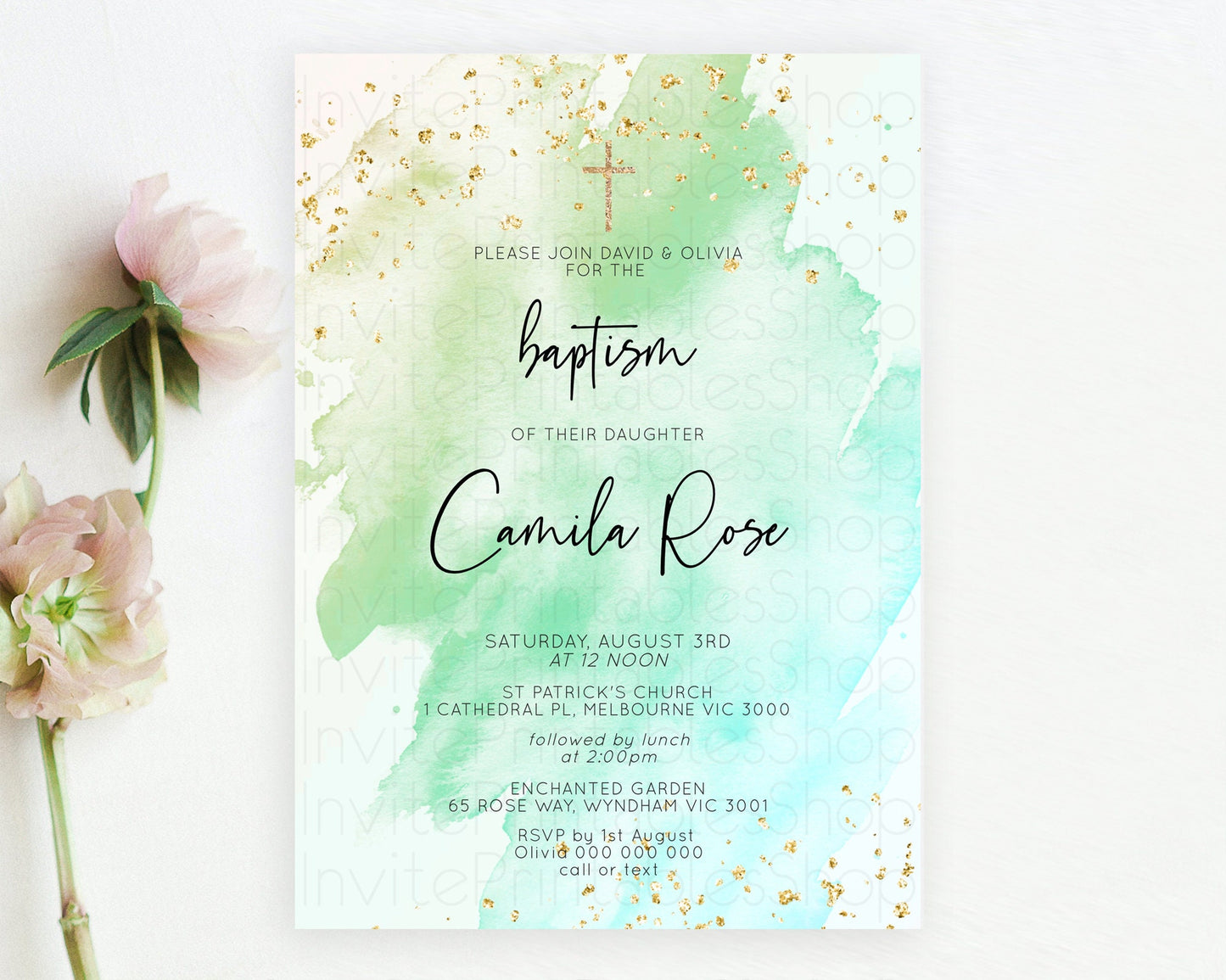 Green Baptism Invitation green Watercolor Baptism 1st Birthday Invitation Pastel Green Watercolor Christening Invite Green Splash D10170