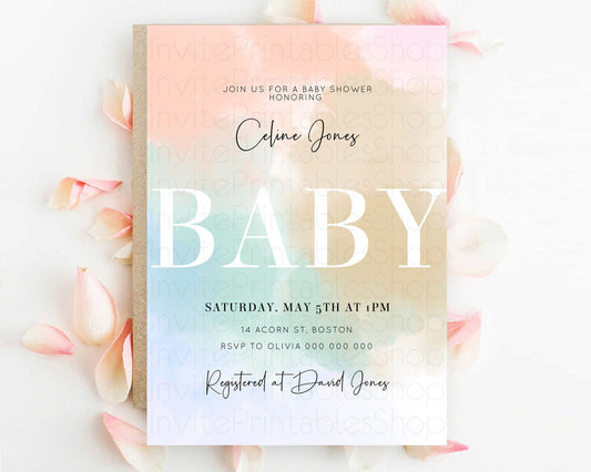 Pastel Baby Shower Invitation Rainbow Baby Shower Invitation Colorful Pastel Watercolor Invitation Gold Glitter Sprinkles Ombre D10370