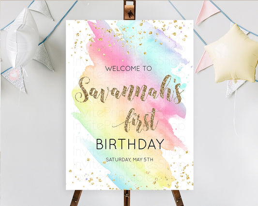 Pastel Welcome Sign Pastel Rainbow Welcome Sign Colorful Rainbow Confetti Watercolor Glitter Pastel First Birthday Welcome Sign D10495