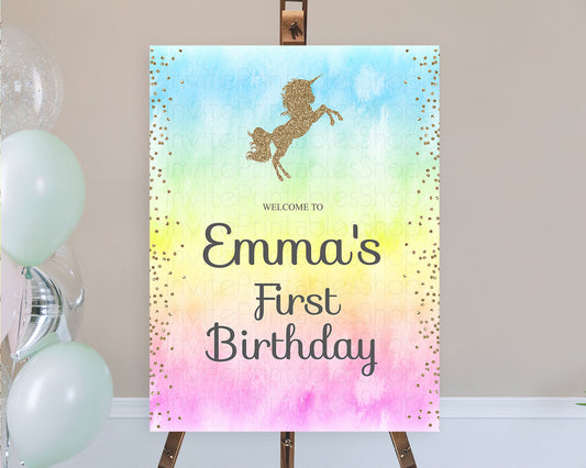 Unicorn Rainbow Birthday Welcome Board Pastel Unicorn Welcome Sign Magical Ombre Colorful Watercolor First Birthday Welcome Sign D10116