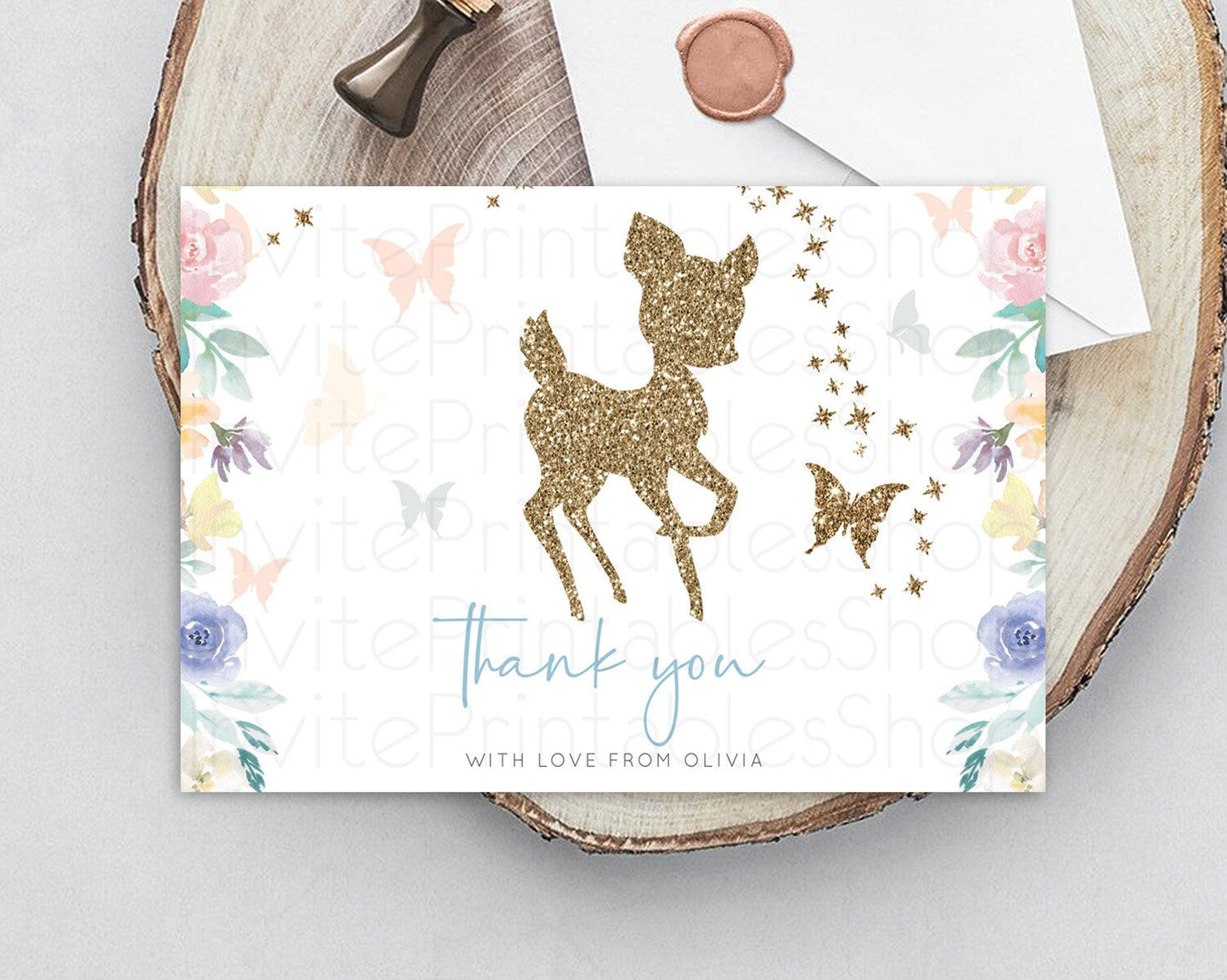 Fawn Thank You Deer Thank You Card Pastel Floral Deer Birthday Thank You Card Enchanted Forest Butterfly Deer Teacher Thank You Card D10878