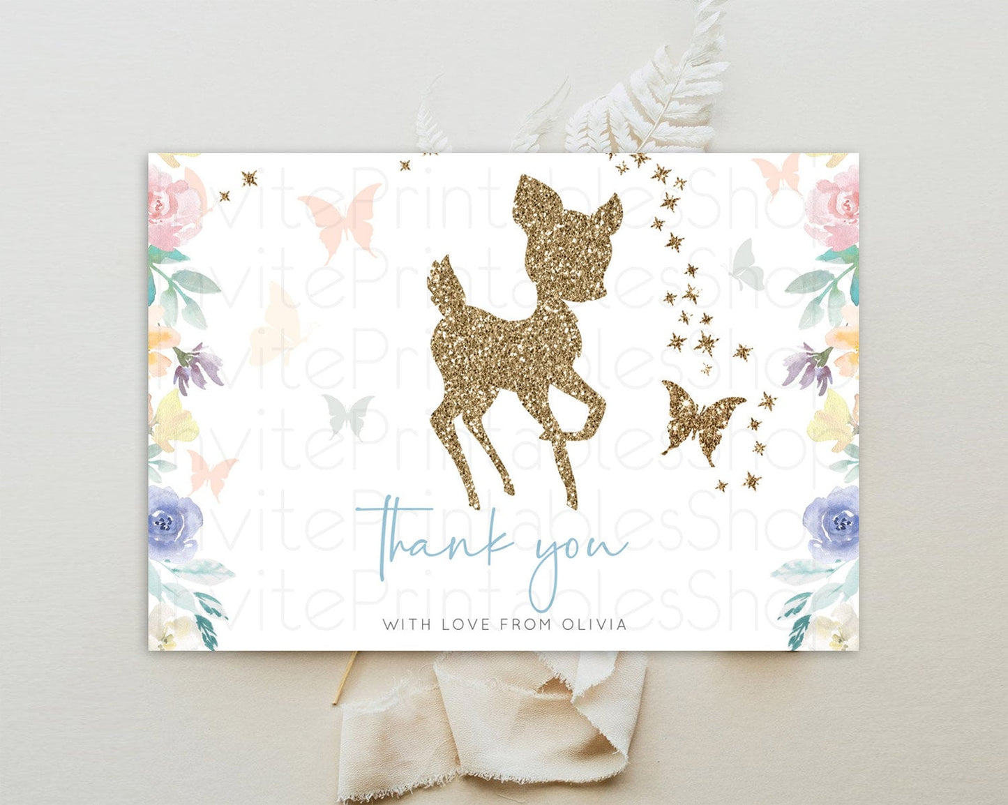 Fawn Thank You Deer Thank You Card Pastel Floral Deer Birthday Thank You Card Enchanted Forest Butterfly Deer Teacher Thank You Card D10878