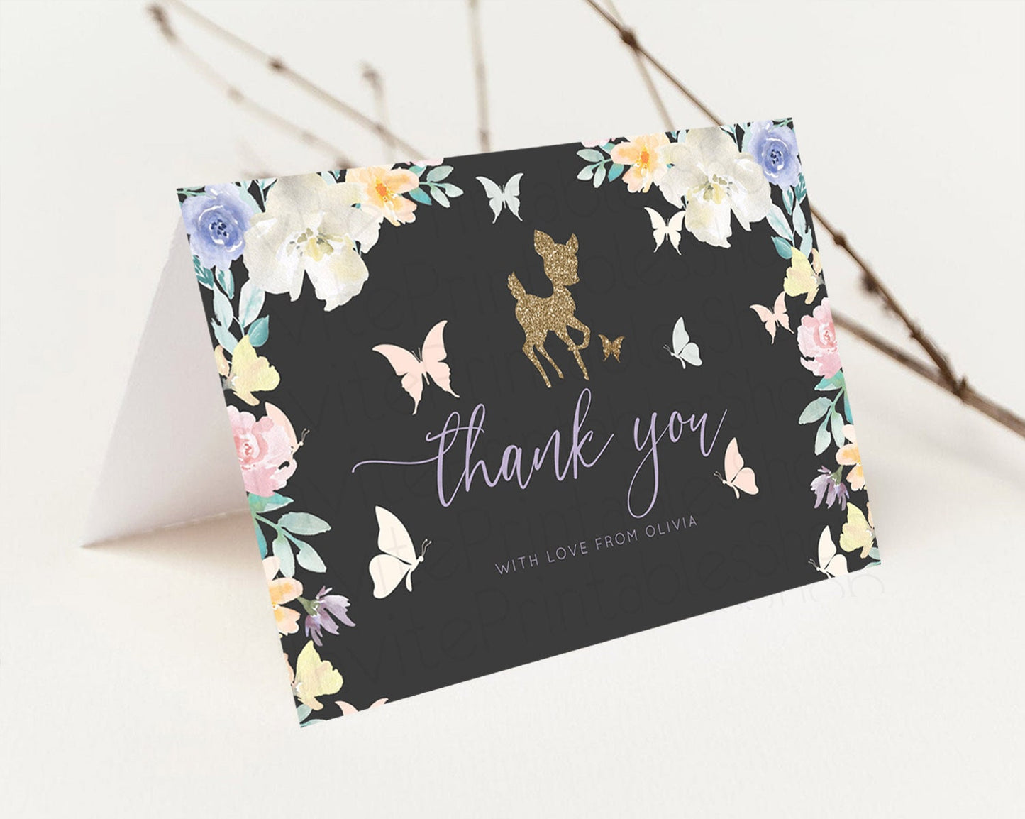 Fawn Thank You Deer Thank You Card Pastel Floral Deer Birthday Thank You Card Enchanted Forest Butterfly Deer Teacher Thank You Card D10323