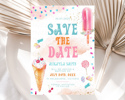 Ice Cream Save The Date Sweet One Save The Date Template Heres The Scoop Party Pastel Candy Theme 1st Birthday Baptism Baby Shower D10554