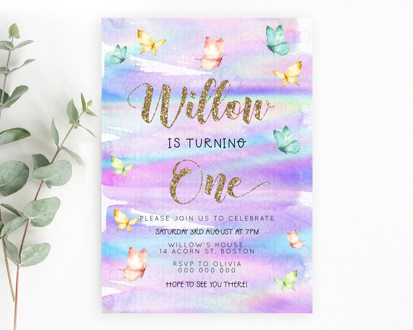 Pastel Butterfly Birthday Invitation Butterfly Birthday Invitation Colorful Splash Glitter Butterfly Garden 1st 2nd Birthday D23215