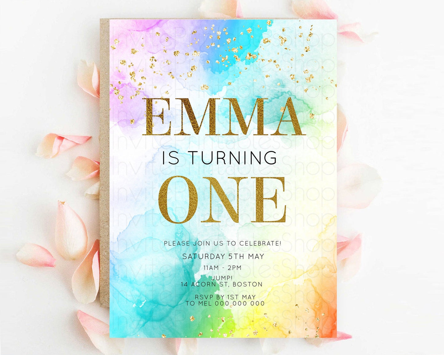 Rainbow Birthday Invitation Colorful Pastel Watercolor Invitation Gold Glitter Sprinkles Ombre Pastel 1st 2nd 3rd Birthday D10961