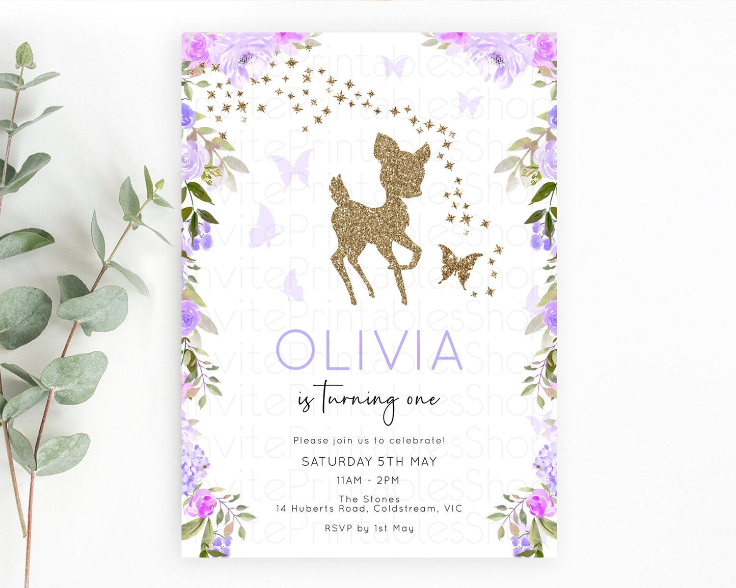 Fawn Birthday Invitation Deer Birthday Invitation Enchanted Forest Party Butterfly Pastel Flowers Whimsical 2nd 1st First Birthday D10914