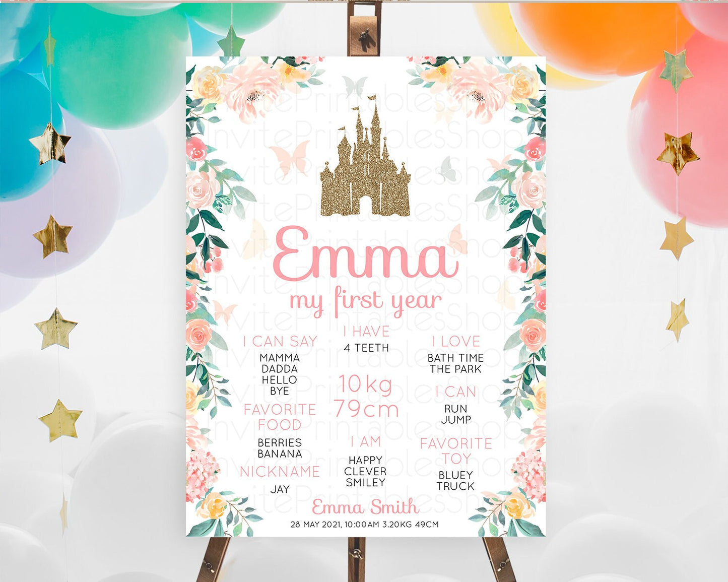 Princess First Birthday Milestone Poster Castle Milestone Board Secret Garden Enchanted Castle Pastel Floral Garden First Birthday D10429