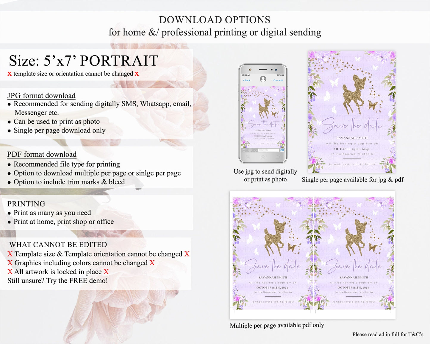 Fawn Deer Save The Date Template Pastel Floral Deer Enchanted Forest Butterfly Party 1st Birthday Baptism Baby Shower Bridal Shower D10963