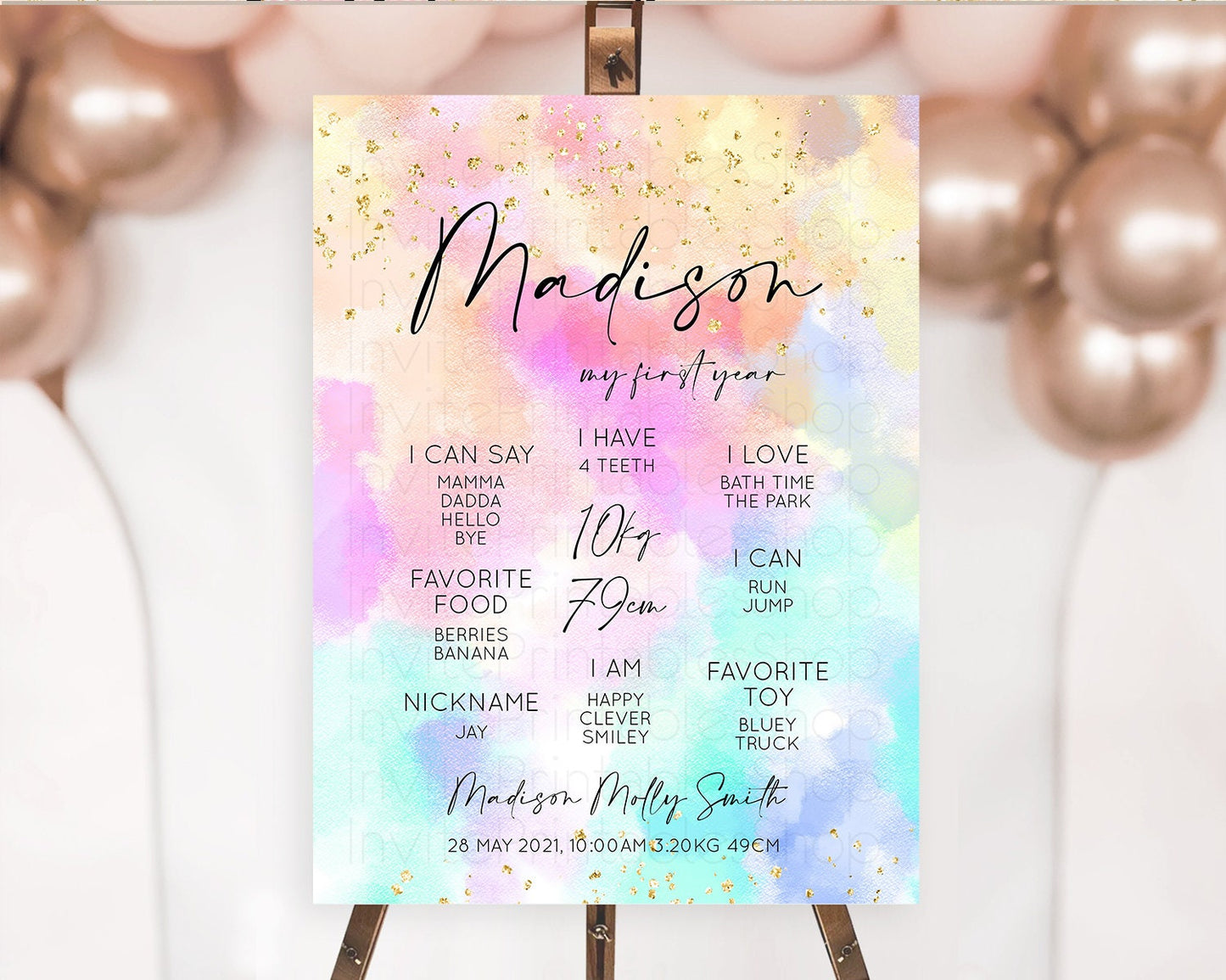Pastel First Birthday Milestone Board Pastel Rainbow Milestone Poster Colorful Confetti Watercolor Glitter 1st Birthday Welcome Sign D10667