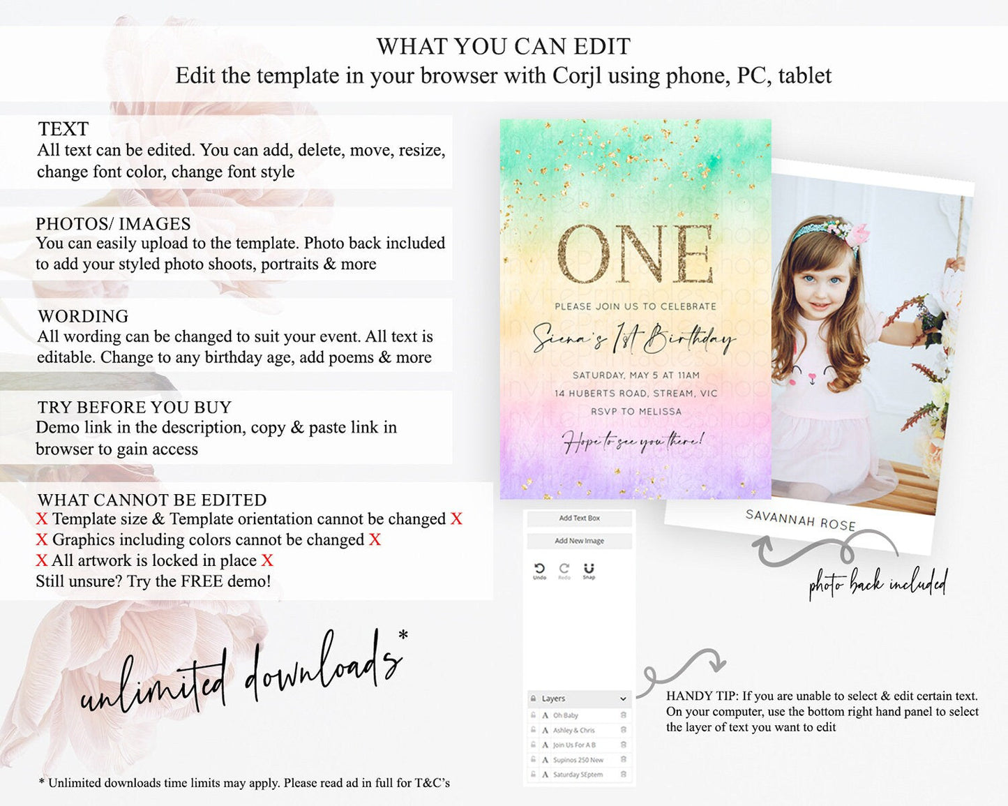 Rainbow Birthday Invitation Colorful Pastel Watercolor Invitation Gold Glitter Sprinkles Ombre Pastel 1st 2nd 3rd Birthday D10481