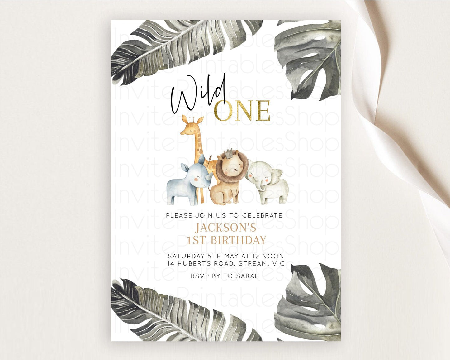 Safari Birthday Invitation Lion Gorilla Elephant Rhino Tropical Palm Jungle Safari Adventure Zoo Party Animal 2nd 1st First Birthday D10599