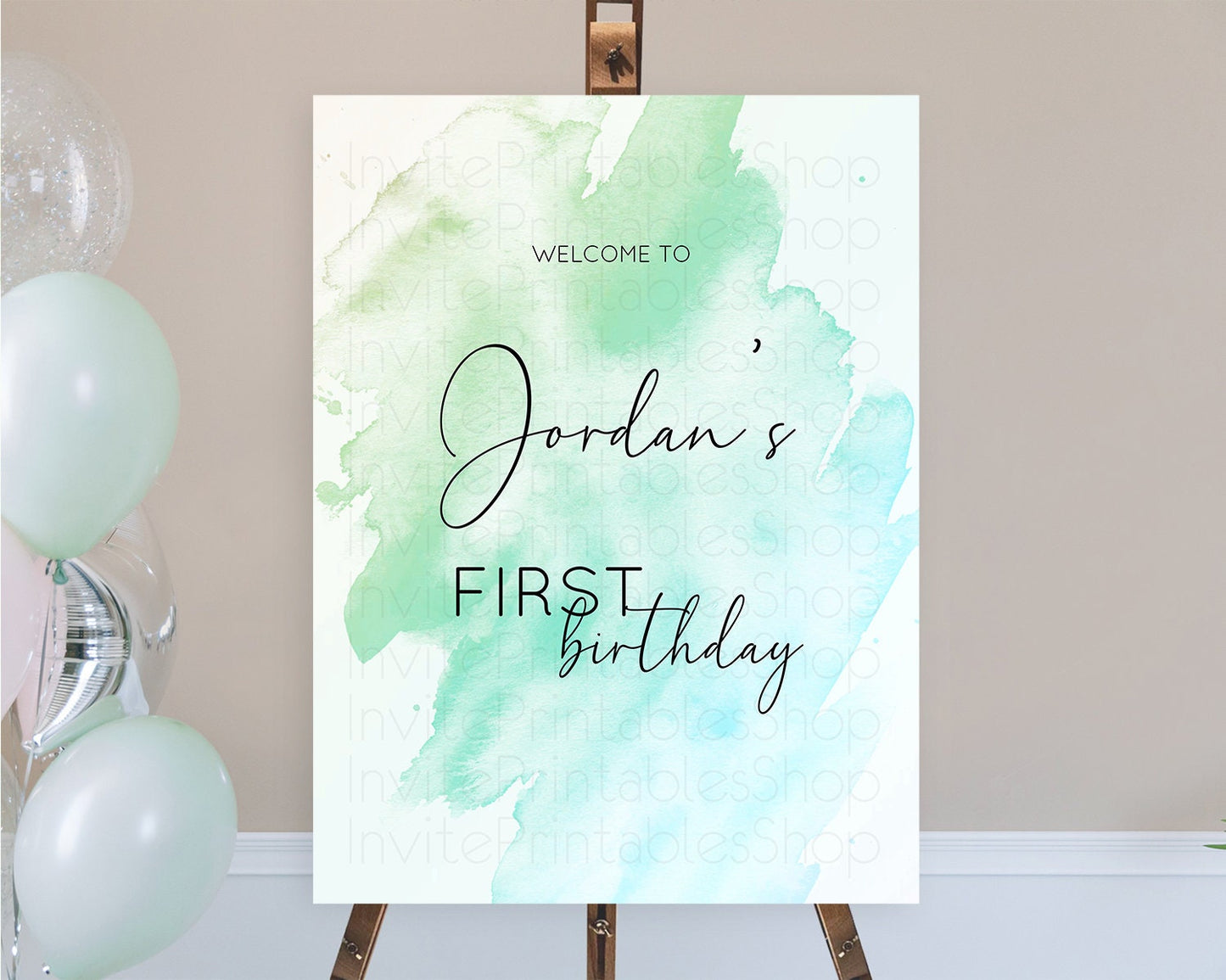 Green Welcome Sign Green Watercolor Welcome Board Pastel Green Party Decor Splash Welcome Poster First Birthday Welcome Sign D10166