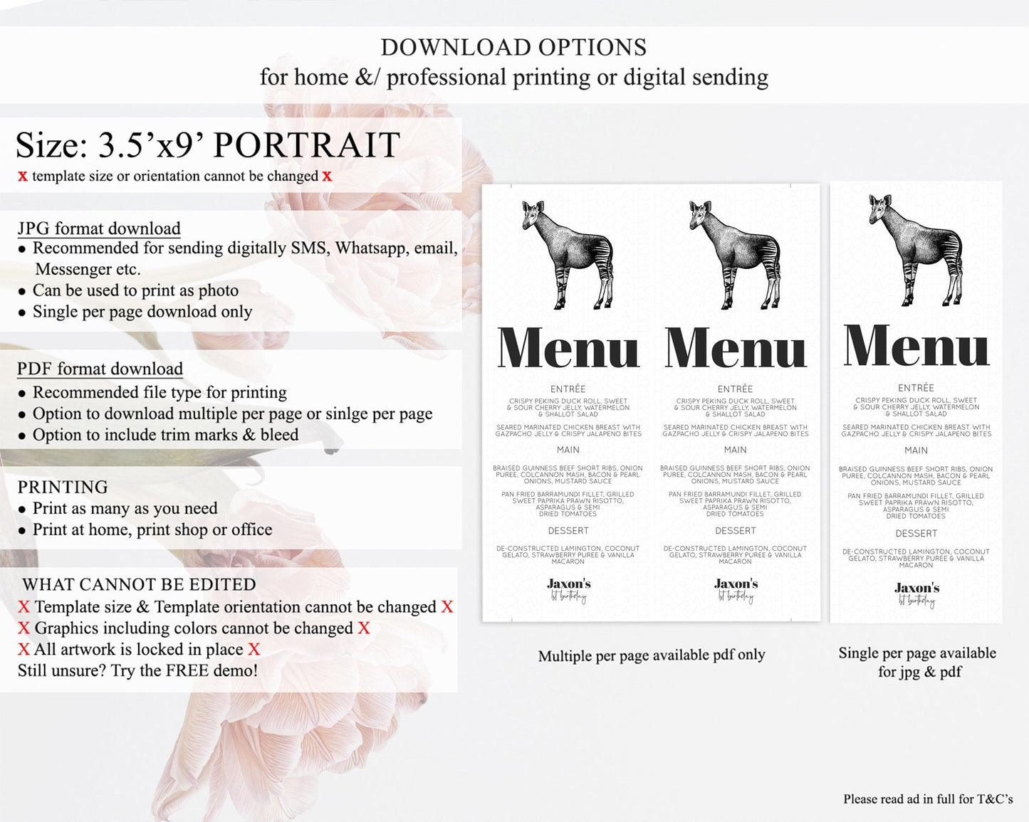 Okapi Menu Okapi Menu Template Okapi Table Decor Zoo Safari Adventure Decor Okapi Dinner Dessert Party Food Menu D10283