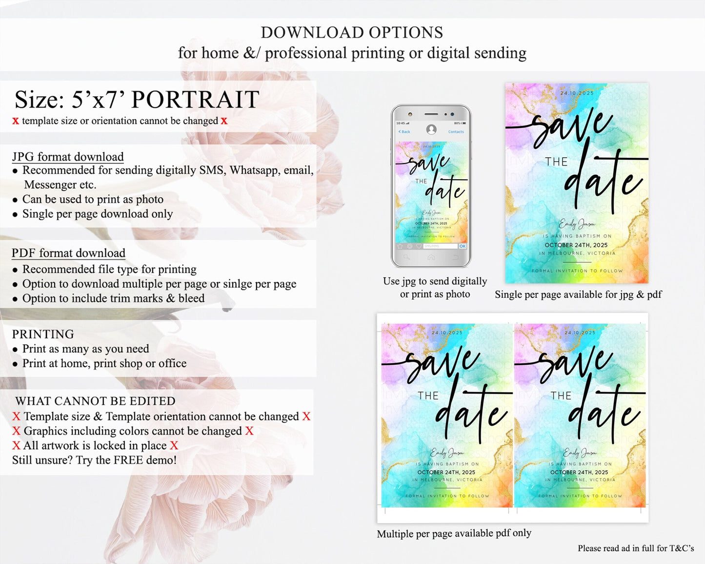 Pastel Save The Date Template Pastel Ombre Rainbow Watercolor Colorful Party For Birthday Baptism Baby Shower Wedding Bridal Shower D10390