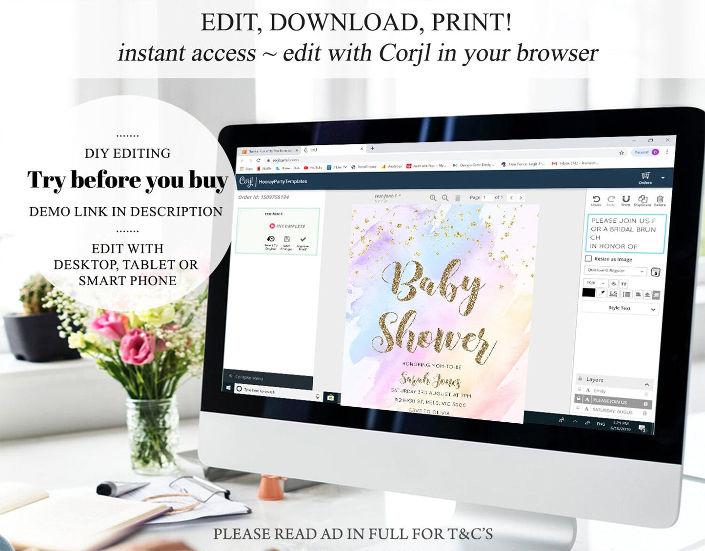 Rainbow Baby Shower Invitation Pastel Baby Shower Invitation Watercolor Ombre Invitation Rainbow Pastel Colors Invite Glitter Confetti g600