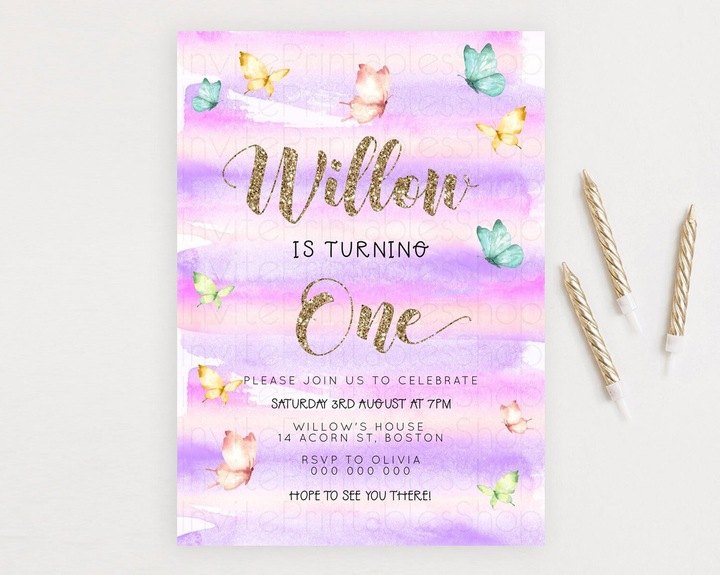 Pastel Butterfly Birthday Invitation Butterfly Birthday Invitation Colorful Splash Glitter Butterfly Garden 1st 2nd Birthday D23219