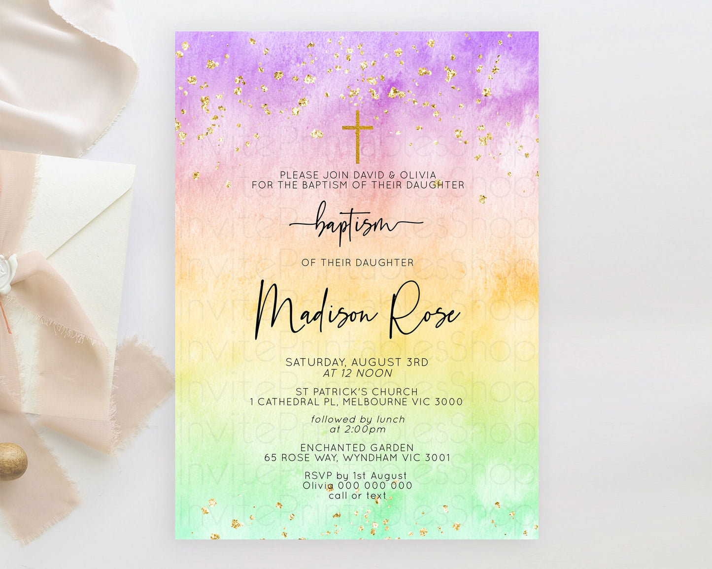 Pastel Baptism Invitation Pastel Colors Watercolor Baptism 1st Birthday Party Gold Ombre Pastel Rainbow Christening Holy Communion D10514