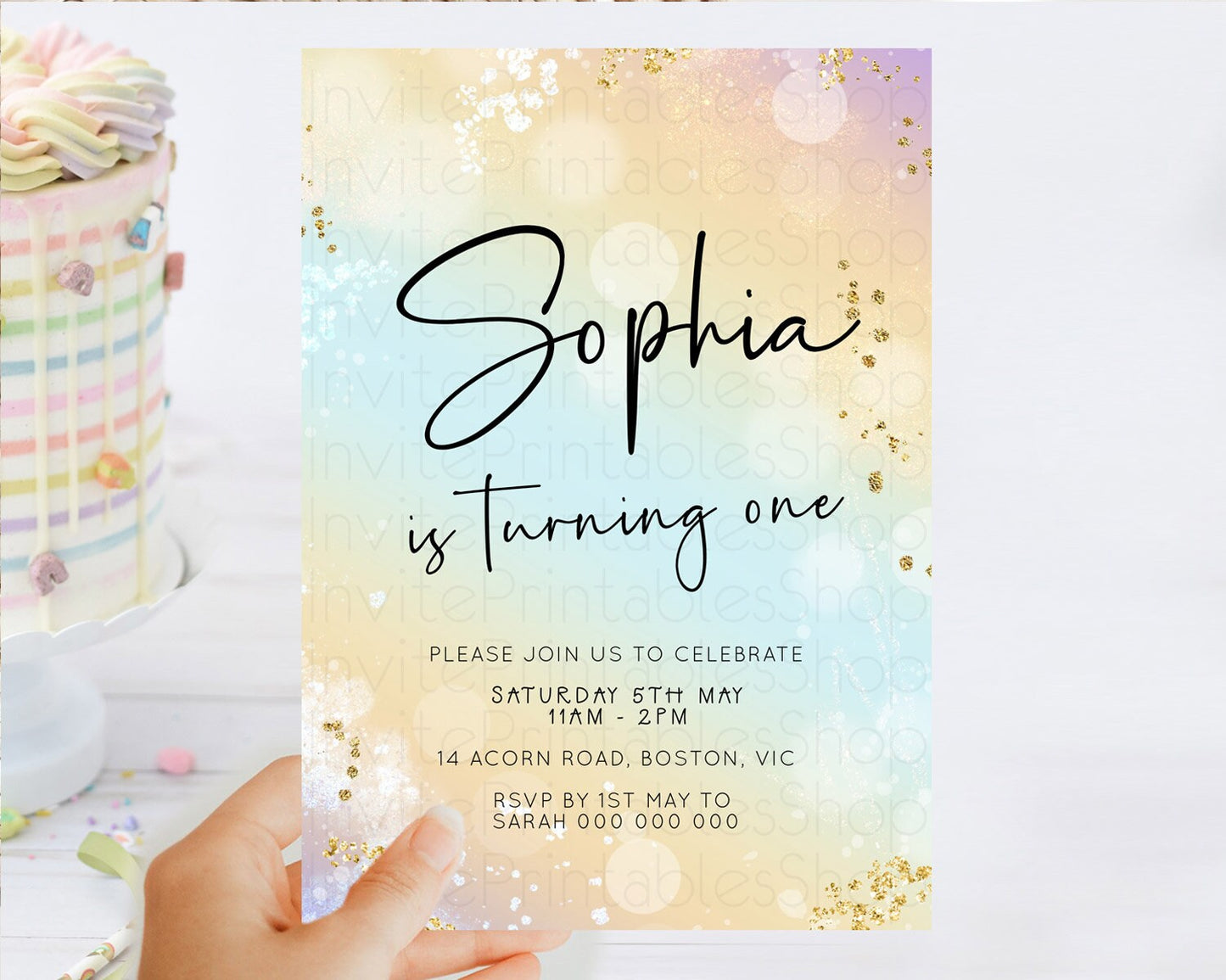 Pastel Birthday Invitation Ombre Watercolor Birthday Invitation Glitter Rainbow Color Splash 1st 2nd 3rd Birthday Invitation D23105