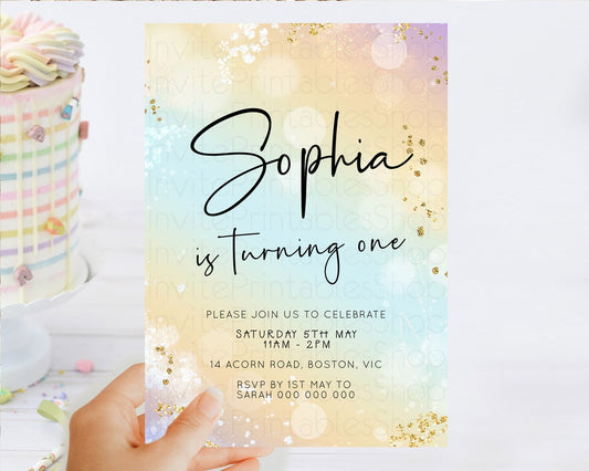 Pastel Birthday Invitation Ombre Watercolor Birthday Invitation Glitter Rainbow Color Splash 1st 2nd 3rd Birthday Invitation D23105