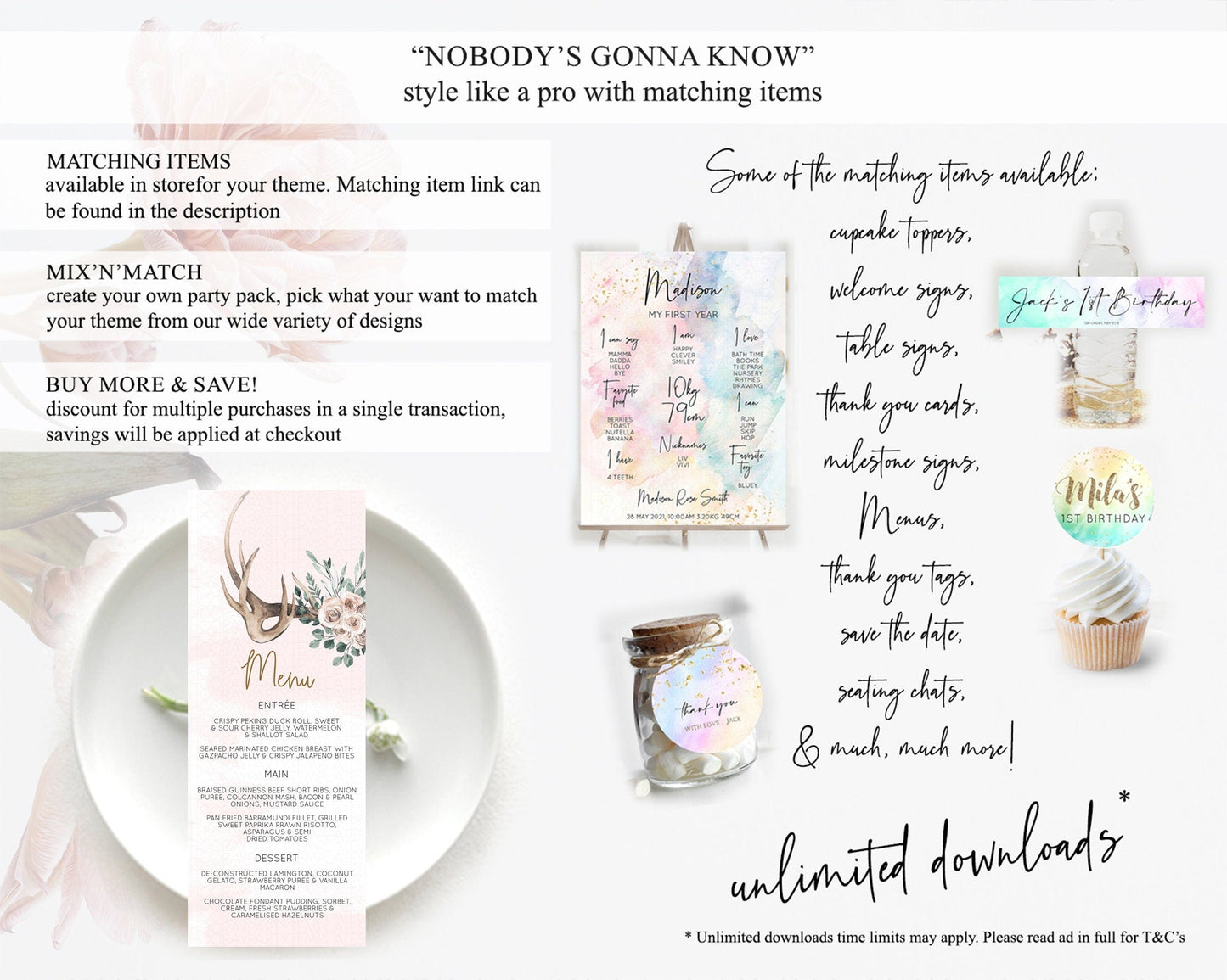 Secret Garden Menu Wildflower Menu Template Pastel Flower Garden Table Decor Boho Floral Dinner Dessert Floral Party Food Menu D11010