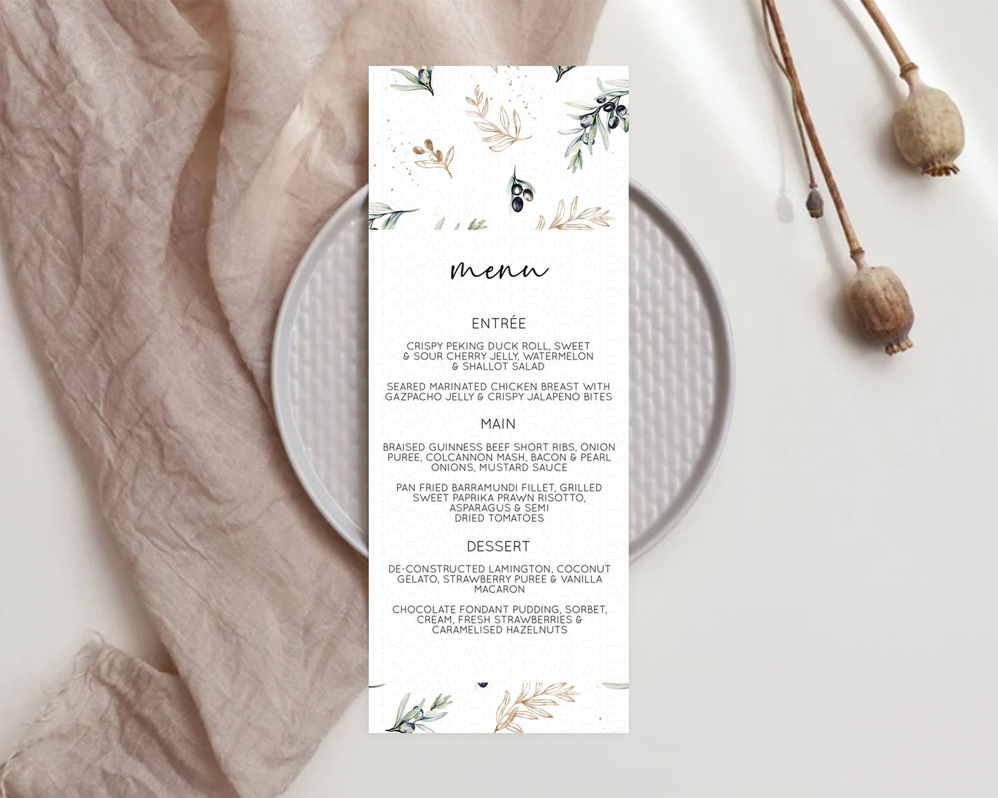 Leafy Menu Green Leaf Menu Template Eucalyptus Fern Leaves Decor Watercolor Boho Garden Leaf Branch Dinner Dessert Party Food Menu D11055