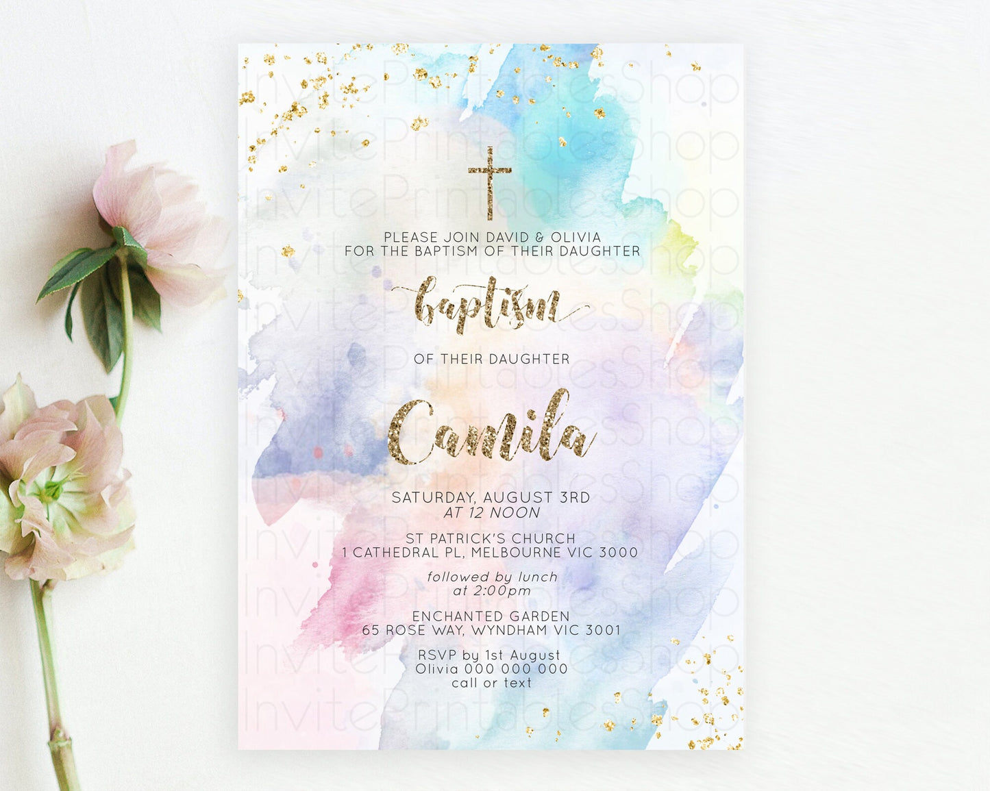 Pastel Baptism Invitation Pastel Colors Watercolor Baptism 1st Birthday Party Gold Ombre Pastel Rainbow Christening Holy Communion D10421