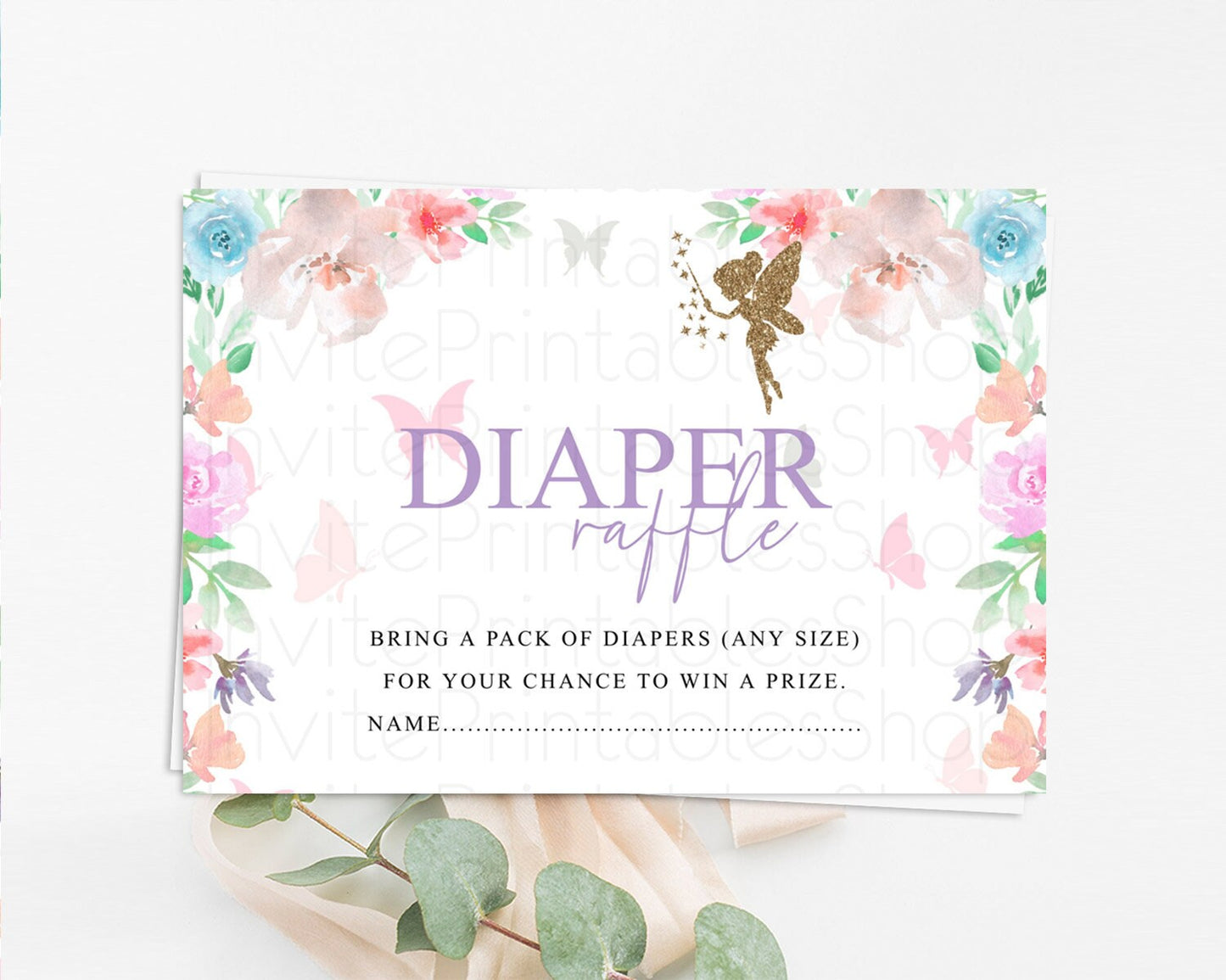 Fairy Diaper Raffle Card Fairy Diaper Insert Enchanted Garden Fairy Diaper Ticket Pastel Floral Butterfly Secret Garden Raffle Game D10126