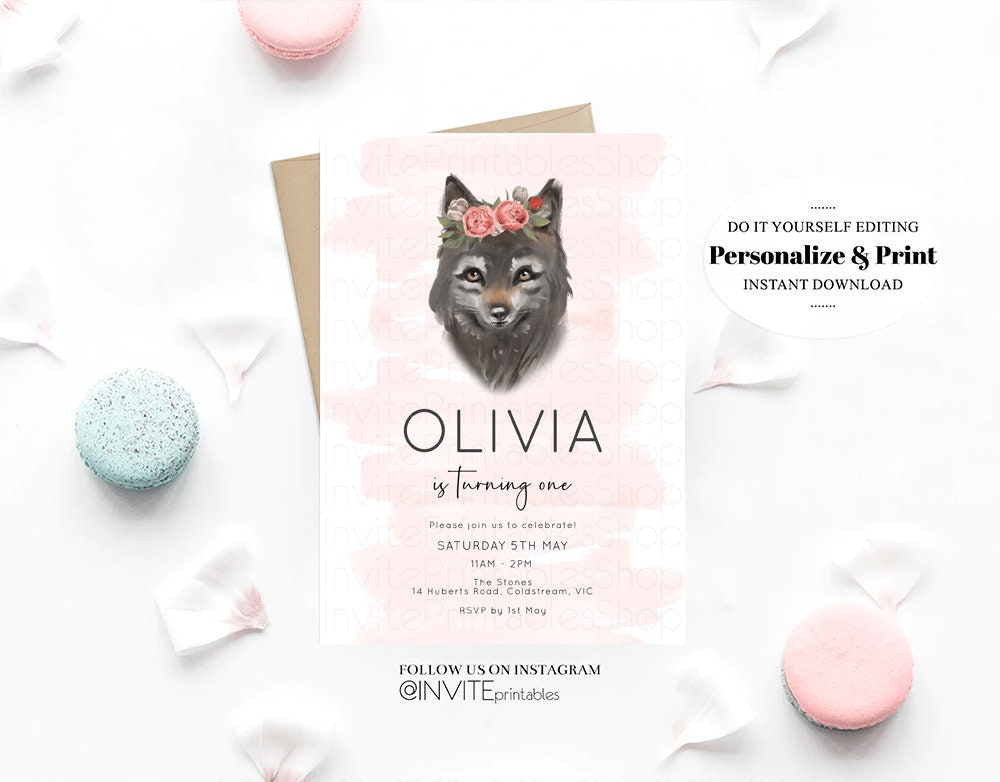 Wolf Invitation Wolf Birthday Invite Grey Baby Wolf Tribal Boho Pink Pastel Flower Crown Greenery Garden Forest Custom Invite