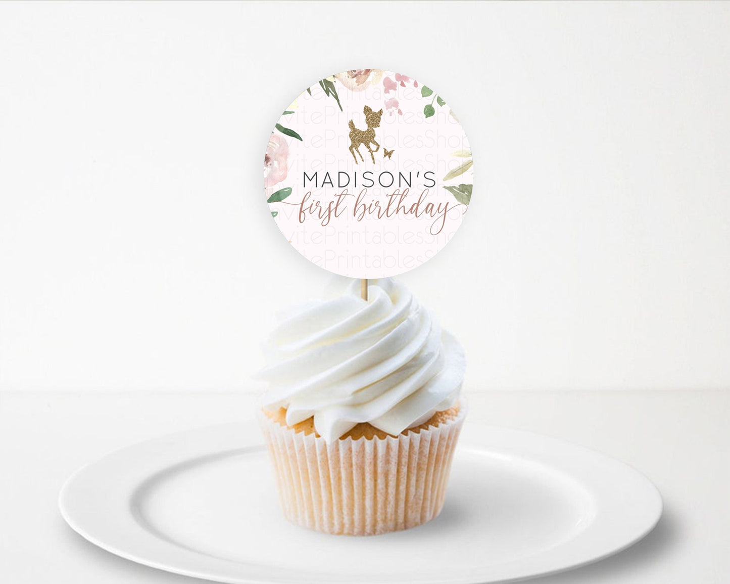 Fawn Cupcake Toppers Deer Cupcake Toppers Enchanted Forest Party Butterfly Pastel Flowers Woofland Cupcake Toppers First Birthday D10193