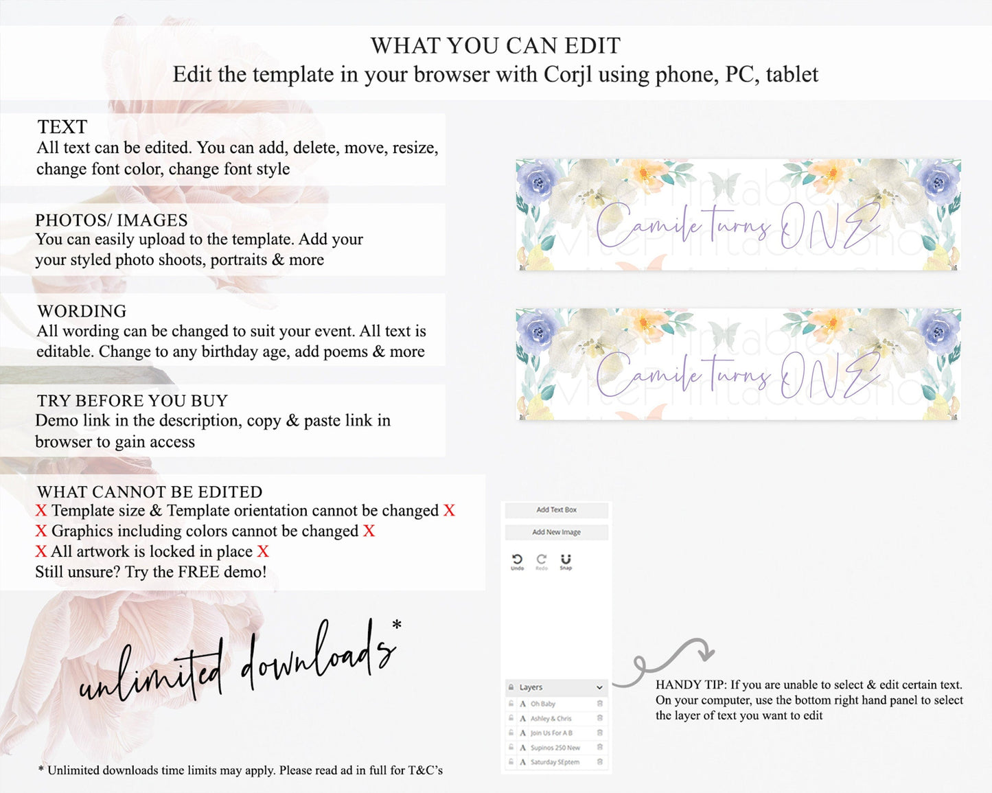 Wildflower Water Label Template Secret Garden Water Label Pastel Floral Garden Party Decor Boho Flowers Birthday Baby Shower Wedding D10710