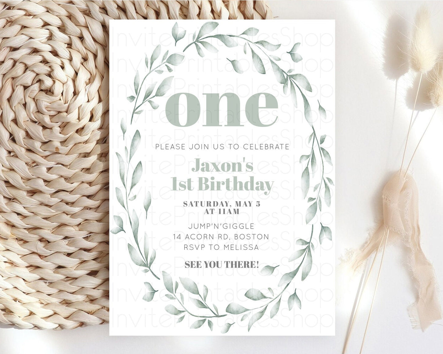 Leafy Birthday Invitation Leafy Invitation Simple Greenery Invitation Eucalyptus Fern Spray Leaves Minimal Green Leaf Watercolour D11009