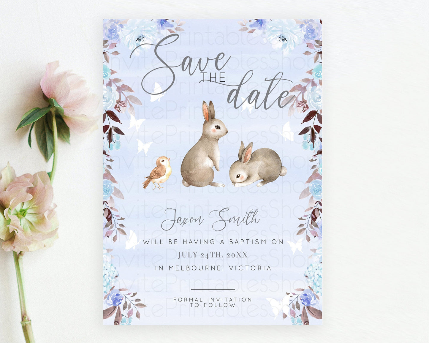 Floral Bunny Save The Date Template Pastel Flowers Forest Bunny Secret Garden Some Bunny Party 1st Birthday Baby Shower Baptism D10923