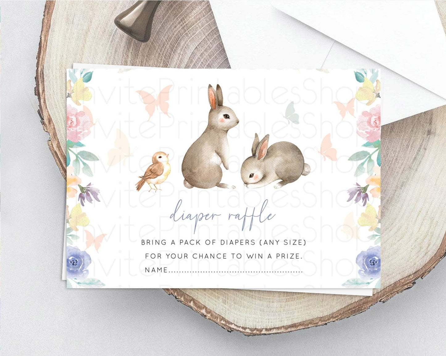 Bunny Diaper Raffle Card Floral Bunny Diaper Raffle Insert Pastel Flowers Woodland Bunny Diaper Ticket Forest Bunny Raffle Game D10928