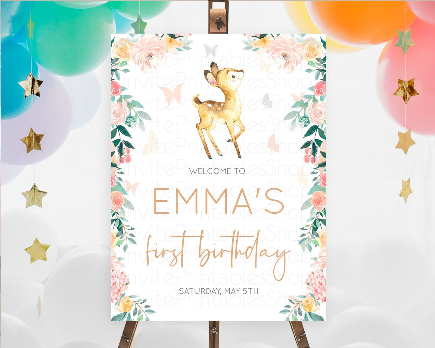 Fawn Welcome Sign Deer Welcome Board Floral Deer Welcome Poster Enchanted Forest Butterfly Pastel Floral First Birthday Welcome Sign D10753