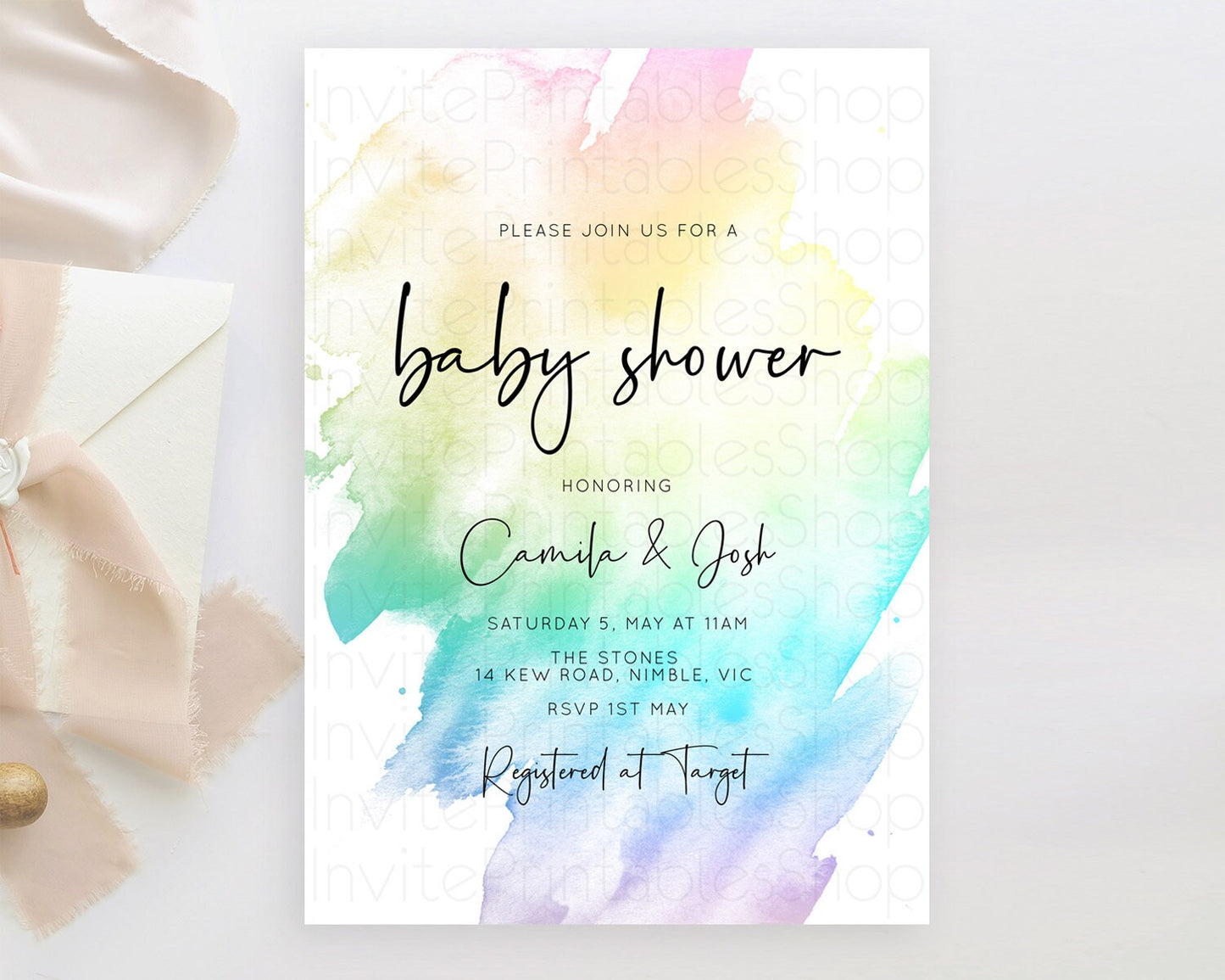 Pastel Baby Shower Invitation Rainbow Baby Shower Invitation Colorful Pastel Watercolor Invitation Gold Glitter Sprinkles Ombre D10279