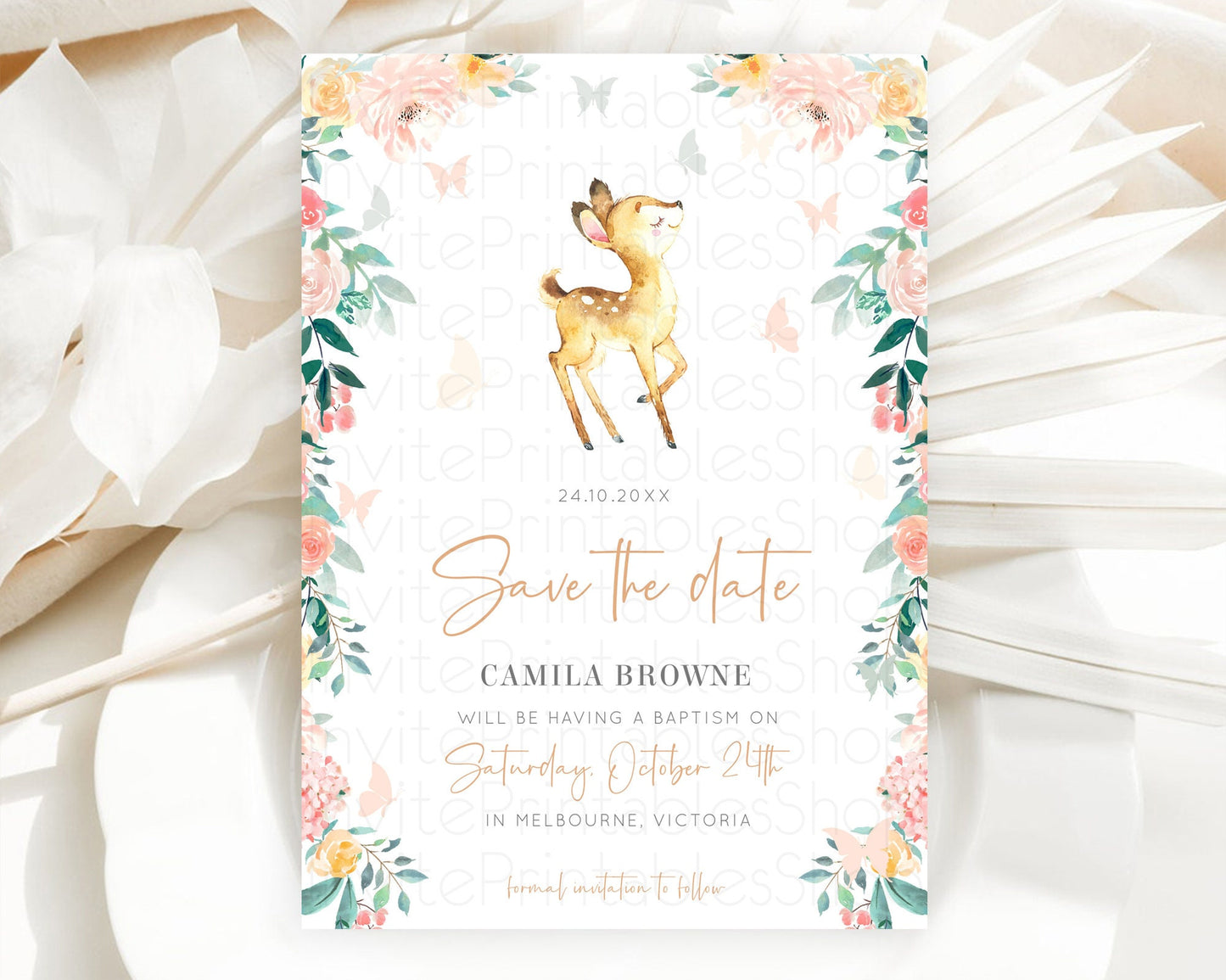 Fawn Deer Save The Date Template Pastel Floral Deer Enchanted Forest Butterfly Party 1st Birthday Baptism Baby Shower Bridal Shower D10753