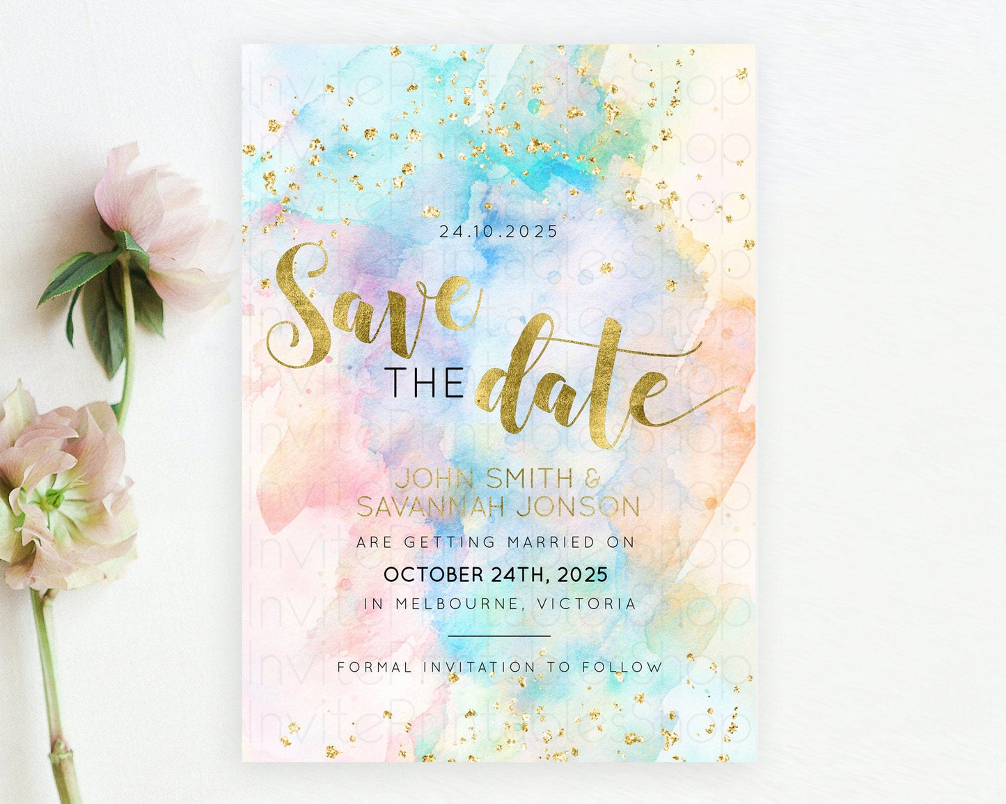 Pastel Save The Date Template Pastel Ombre Rainbow Watercolor Colorful Party For Birthday Baptism Baby Shower Wedding Bridal Shower D10272