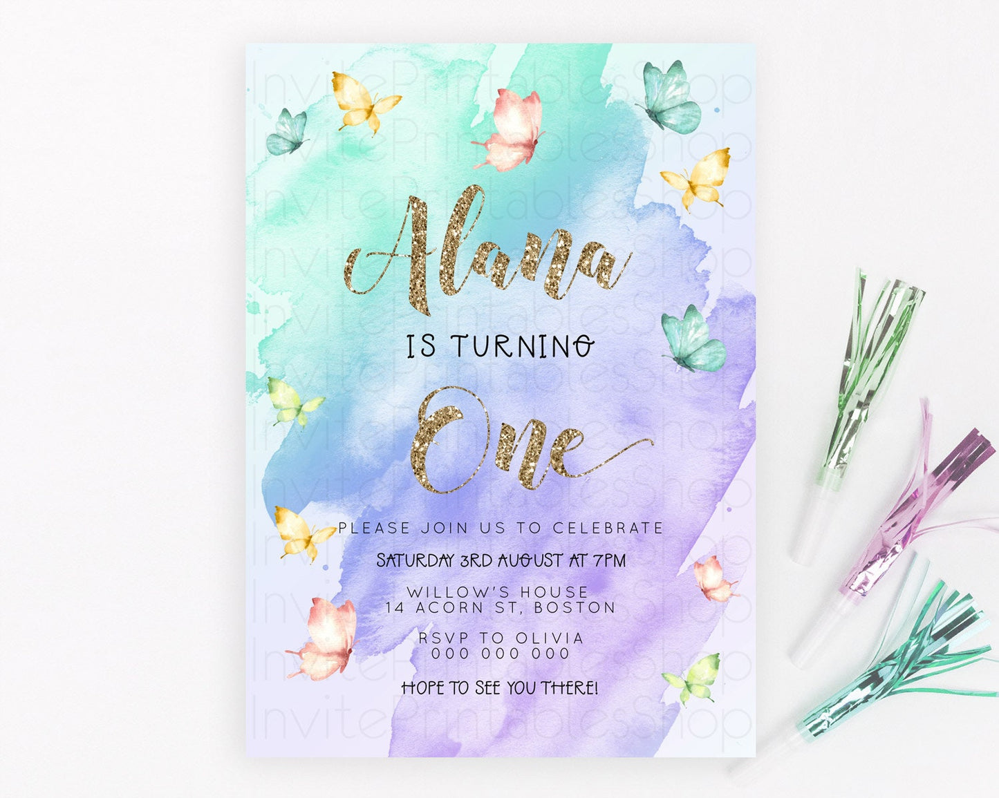 Pastel Butterfly Birthday Invitation Butterfly Birthday Invitation Colorful Splash Glitter Butterfly Garden 1st 2nd Birthday D23241