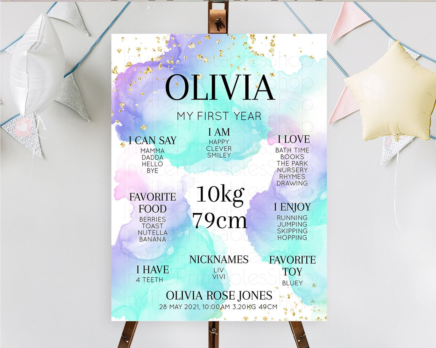Pastel First Birthday Milestone Board Pastel Rainbow Milestone Poster Colorful Confetti Watercolor Glitter 1st Birthday Welcome Sign D10212