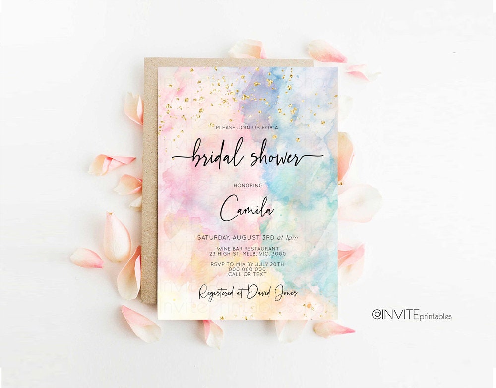 Pastel Bridal Shower Invitation Pastel Watercolor Bridal Shower Invite Rainbow Bridal Shower Invite Colorful Invite Gold Glitter Invite